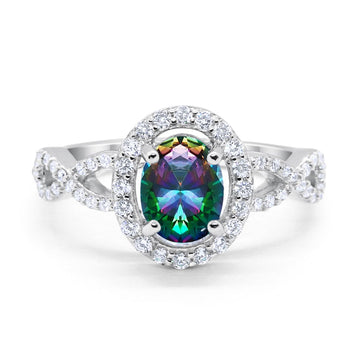 Infinity Wedding Bridal Ring Oval Simulated Rainbow CZ Solid 925 Sterling Silver